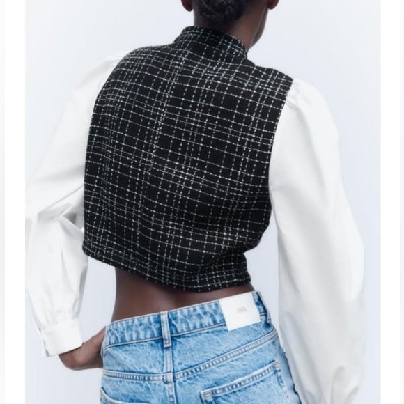 ZARA Black & White Plaid Cropped Vest with White Puff Sleeves - Picture 5 of 11